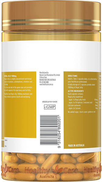 Healthy Care Royal Jelly 1000 365 Capsules Supplements Made in Australia