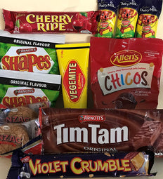 Best of Australia - Tim Tam, Vegemite, Arnotts Biscuits, Caramello Koala, BBQ Shapes, Chicos, Cherry Ripe and Violet Crumble.